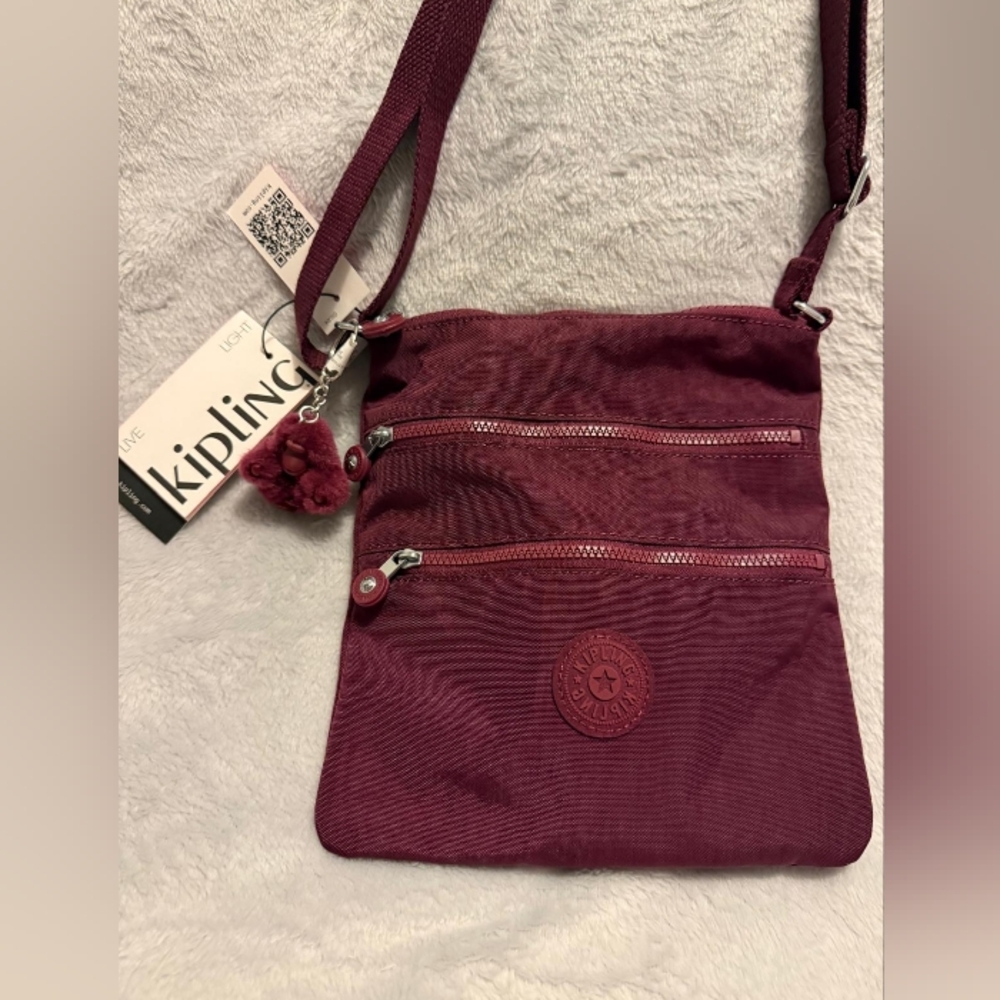 Kipling Deep Burgundy Small Crossbody with Pom-Pom Charm